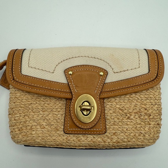 Coach Woven Straw Leather Trim Tan Wristlet Clutch Gold Turnlock‎ Summertime - Picture 2 of 8